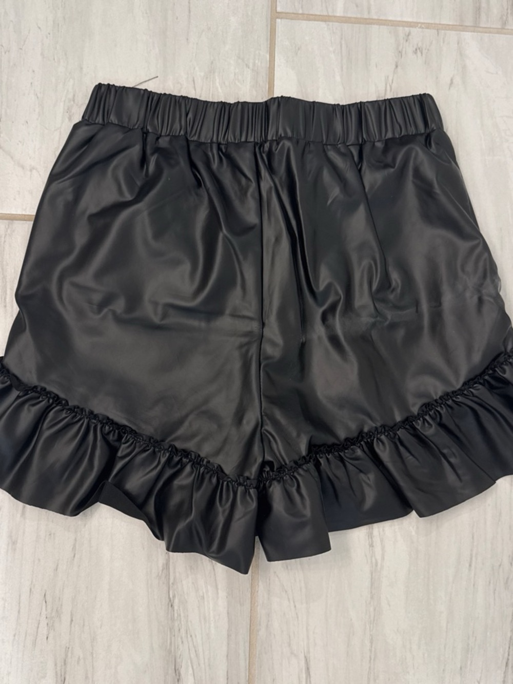 Black Faux Leather Ruffle Hem Women's Shorts